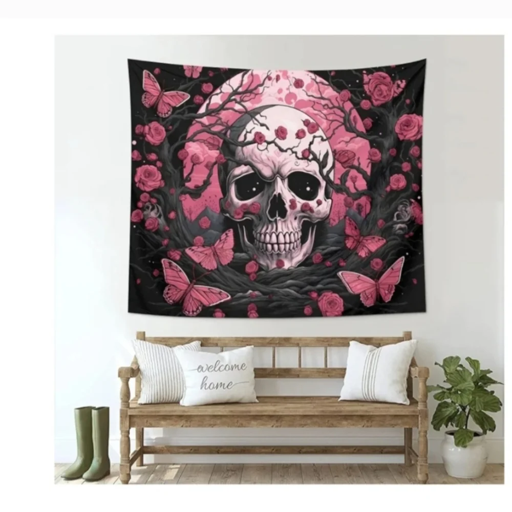 NWOT Pink and Black Floral Butterfly Whimsigoth Skull Tapestry 60